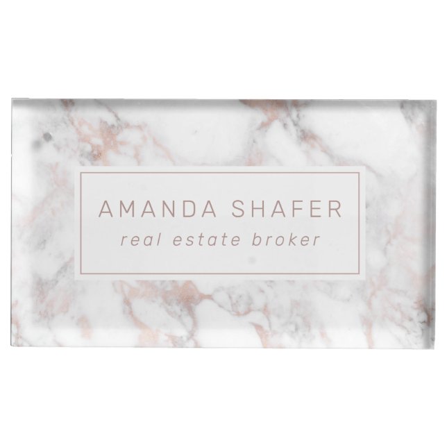 Carrara Marble Faux Rose Gold Name Badge Place Card Holder (Front)