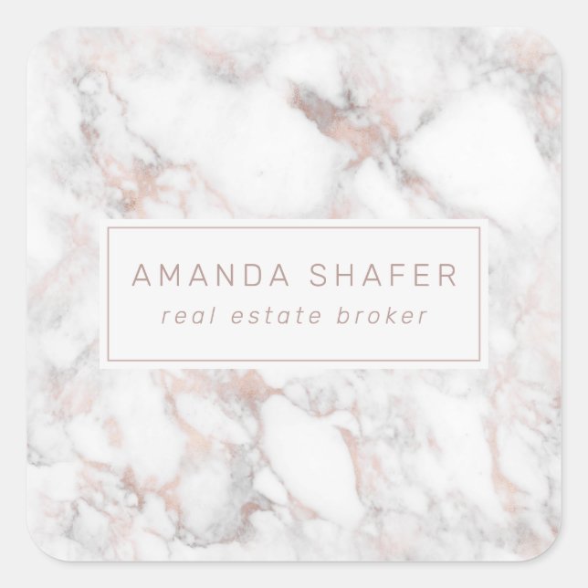 Carrara Marble Faux Rose Gold Name Badge Square Sticker (Front)