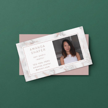 Carrara Marble Faux Rose Gold Photo Business Card by beckynimoy at Zazzle