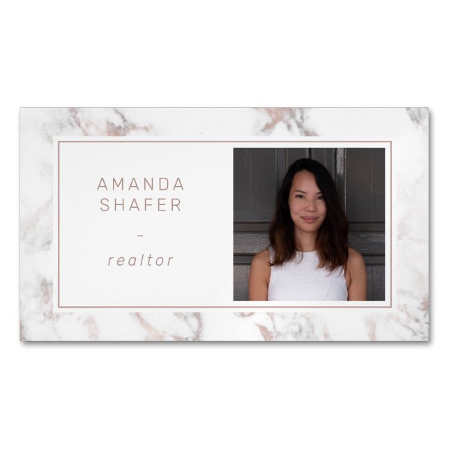 Carrara Marble Faux Rose Gold Photo Business Card Magnet (Front)