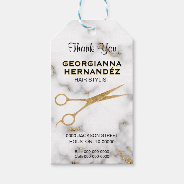 Carrara Marble Gold Scissor Hair Stylist Address Gift Tags Zazzle
