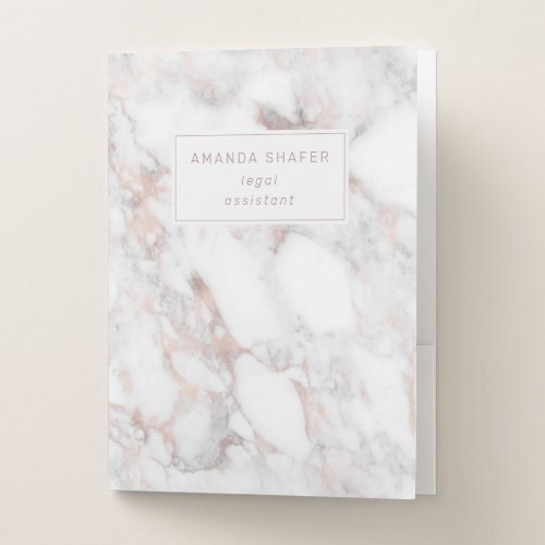 Carrara Marble with Faux Rose Gold Name Badge Pocket Folder