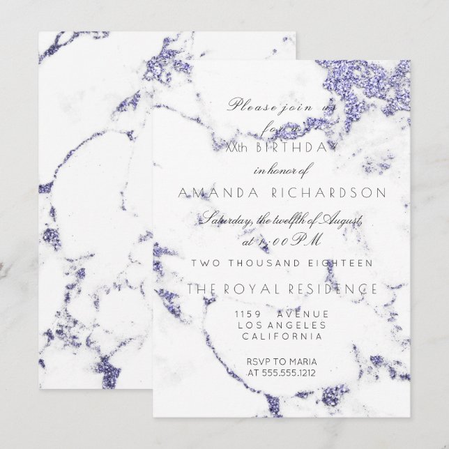 Carrara White Marble Indigo Navy Glitter Elegant Invitation (Front/Back)