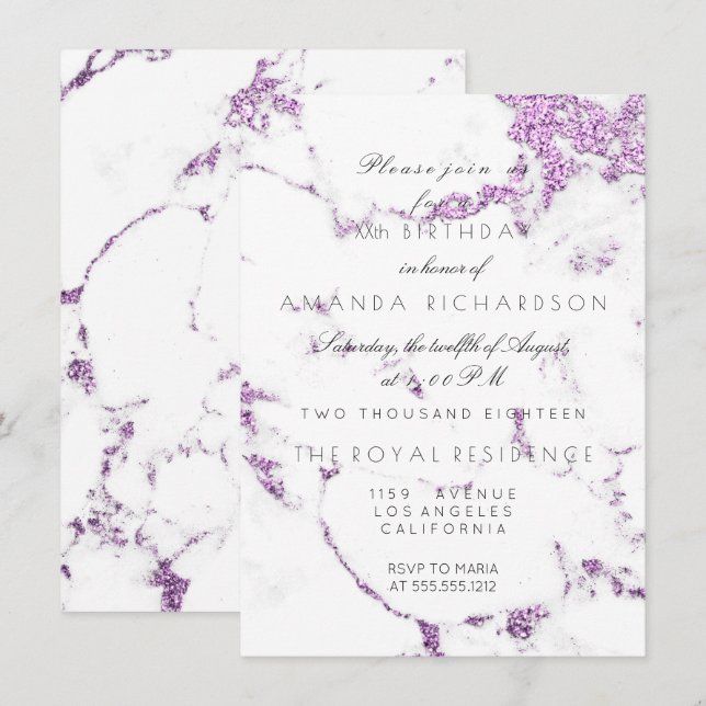 Carrara White Marble Purple Lavend Glitter Elegant Invitation (Front/Back)