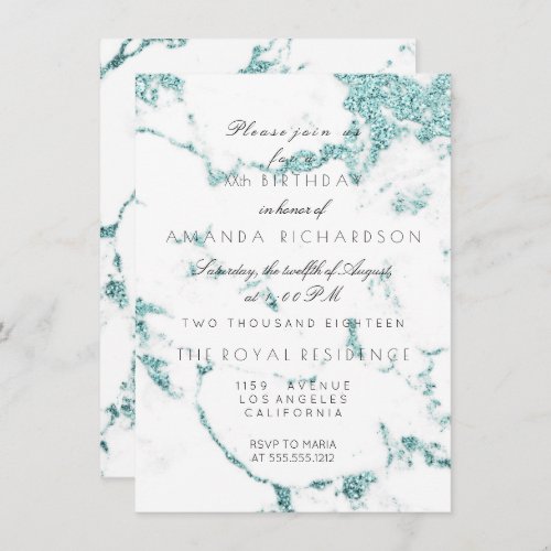 Carrara White Marble Tiffany Aqua Glitter Birthday Invitation