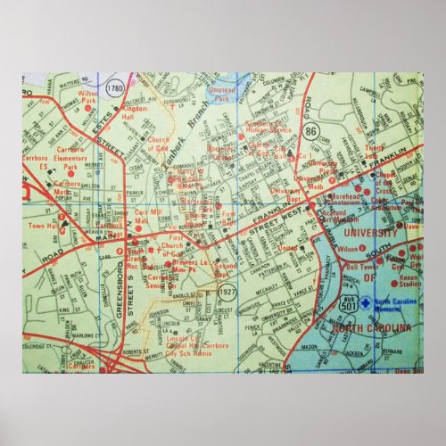 Carrboro and Chapel Hill NC Vintage Map Poster