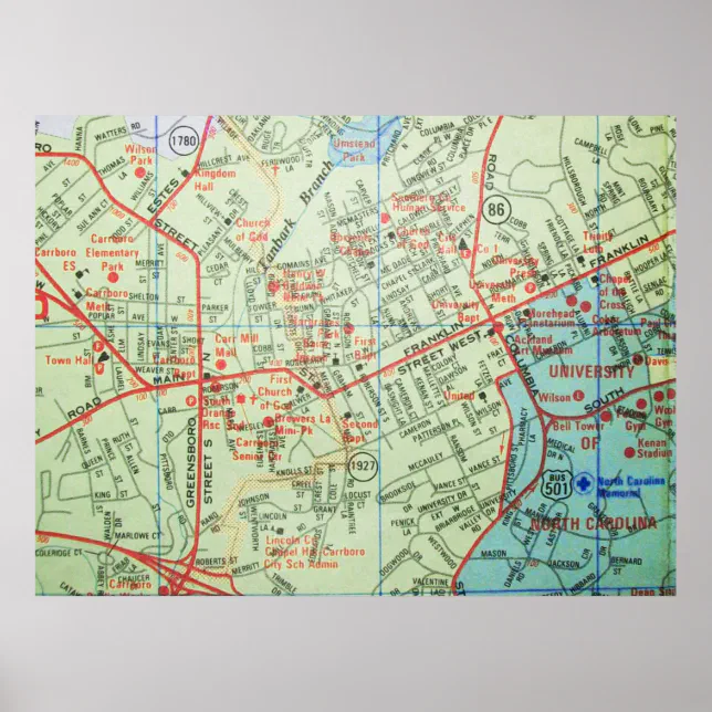 Carrboro and Chapel Hill, NC Vintage Map Poster Zazzle