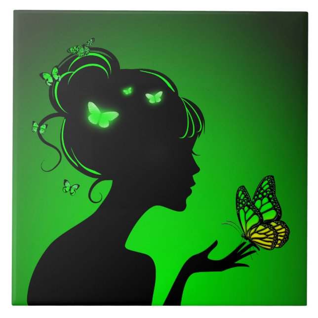 Carreau The Green Butterfly Woman Ceramic Tile (Front)