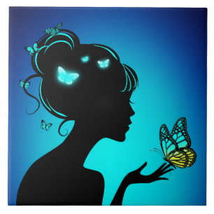 Carreau The woman butterflies blue Ceramic Tile