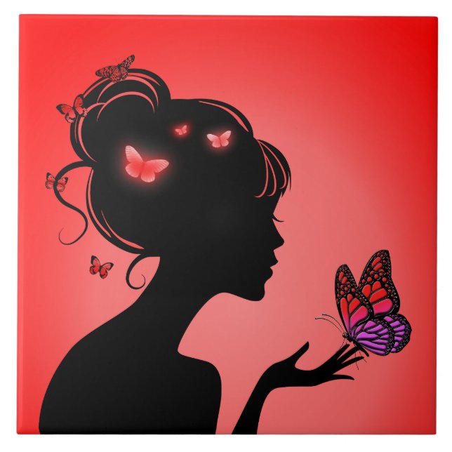Carreau The woman butterflies red Ceramic Tile (Front)