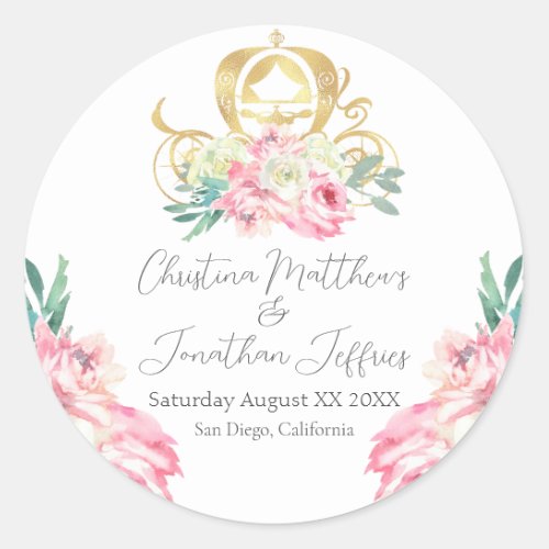 Carriage and Pink Flowers Fairy Tale Wedding Classic Round Sticker