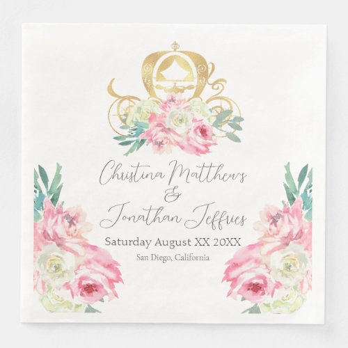 Carriage and Pink Flowers Fairy Tale Wedding Paper Dinner Napkins