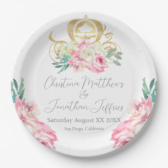 Carriage and Pink Flowers Fairy Tale Wedding Paper Plates (Front)