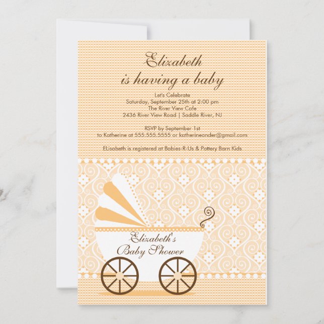 Carriage Baby Shower Invitation Peach boy or girl (Front)
