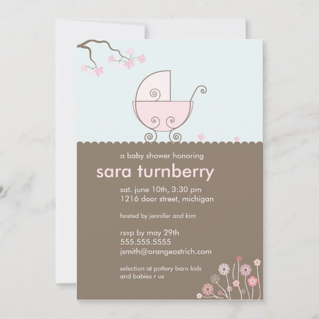 Carriage Baby Shower Invitation - Pink (Front)