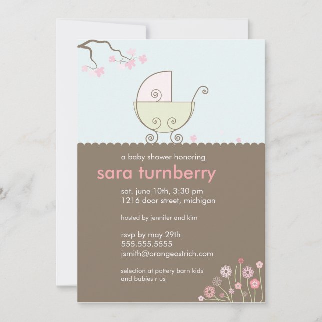 Carriage Baby Shower Invitation - Pink and Green (Front)
