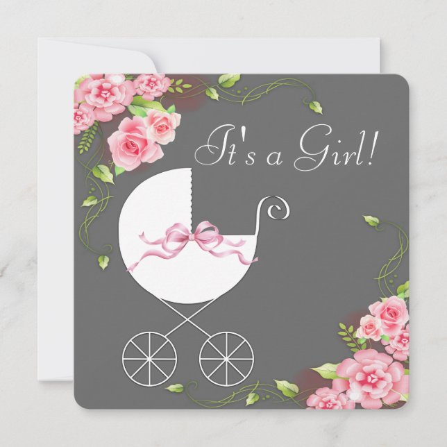 Carriage Gray Pink Rose Baby Shower Invitations (Front)