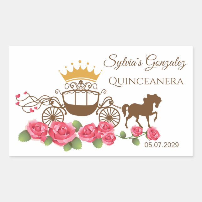 Carriage, horses, crown, roses Quinceanera Rectangular Sticker (Front)