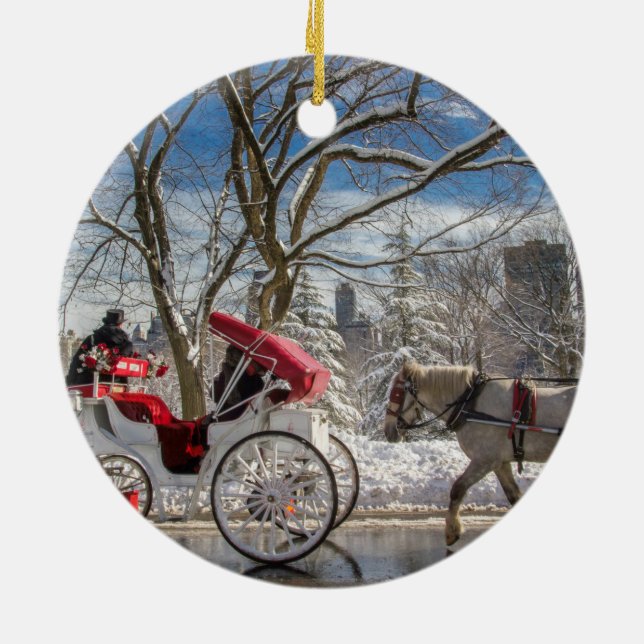 Carriage Horses in Central Park Snow Ceramic Ornament (Back)