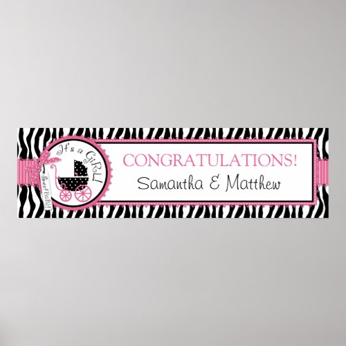Carriage Zebra Print Hot Pink Baby Shower Banner Poster