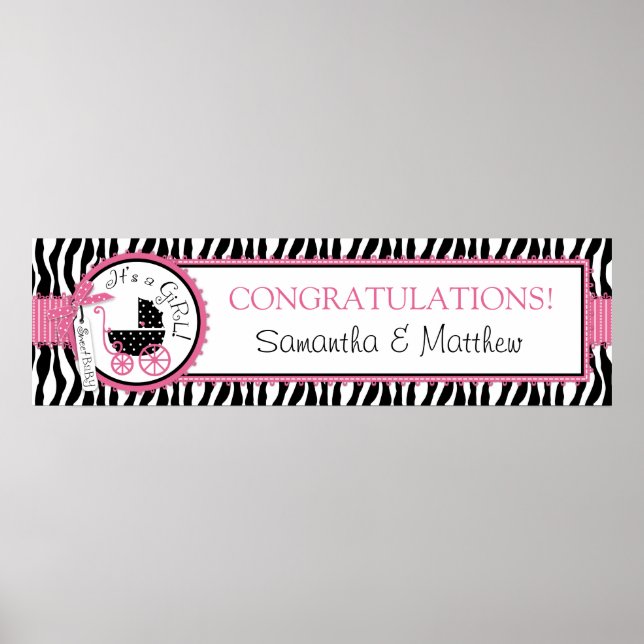 Carriage, Zebra Print, Hot Pink Baby Shower Banner Poster (Front)