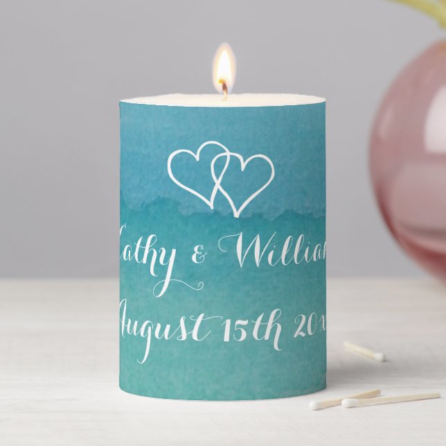 Carribean seascape watercolor beach wedding pillar candle (In Situ)