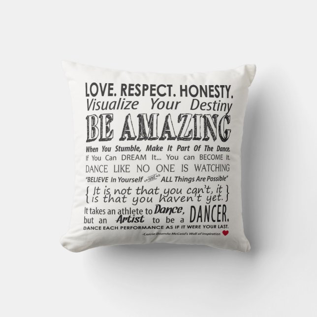 Carrie's Inspirational Dance Quotes Pillow-White Throw Pillow (Front)