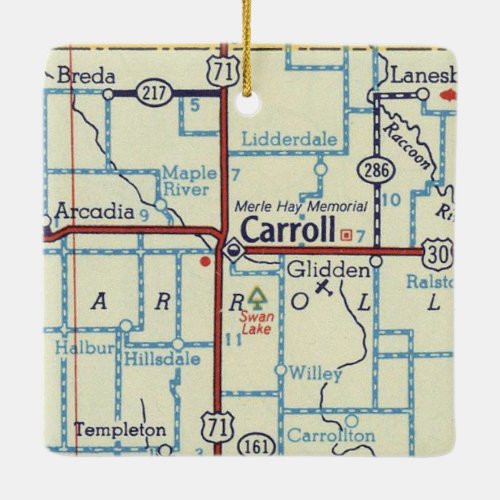 Carroll Iowa Vintage Map Ceramic Ornament