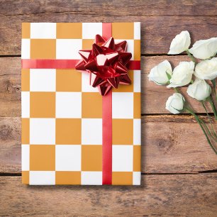 Carrot and White Checkered Checkerboard Vintage Wrapping Paper