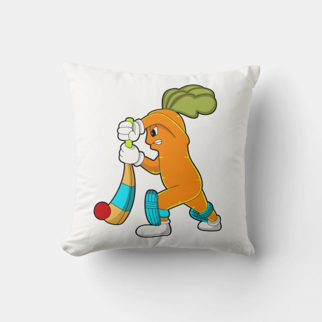 Carrot at Cricket with Cricket bat Throw Pillow (Front)