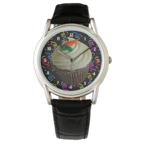 Carrot Cake Cupcake  Confetti Black Leather Watch