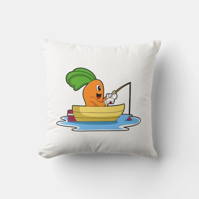 Carrot in Boat at Fishing with Fishing rod Throw Pillow (Front)