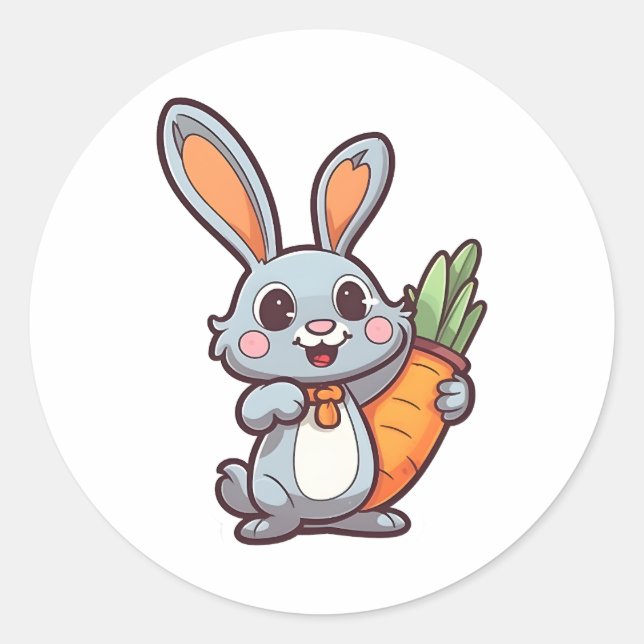 Carrot-Loving Easter Bunny Cute 2D Design Classic Round Sticker (Front)