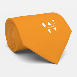 Carrot Orange Color Elegant Monogram + Name  Neck Tie