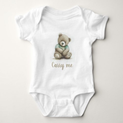 Carry Me Funny Watercolor Teddy Bear Green Leaves Baby Bodysuit