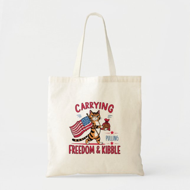 Carrying Freedom & Kibble – Patriotic Cat Tote Bag (Front)
