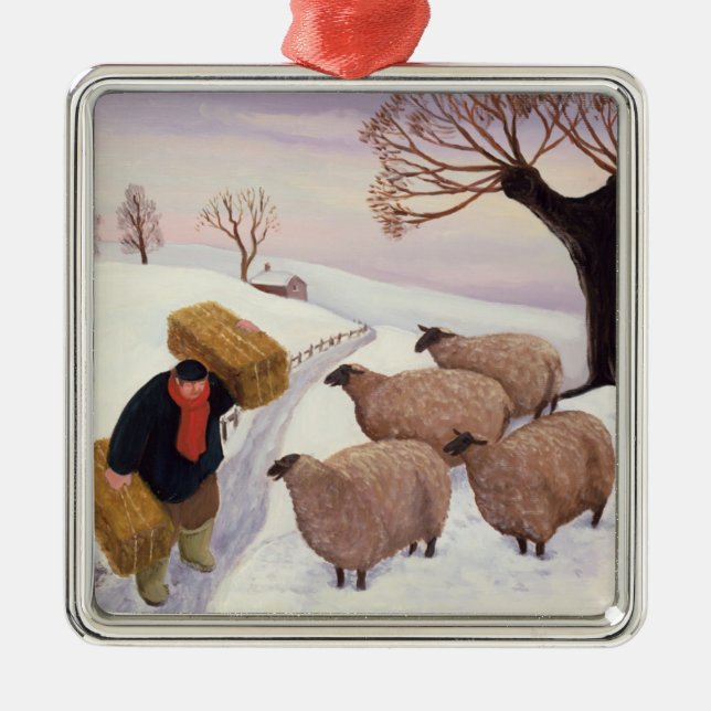 Carrying Hay to the Sheep in Winter Metal Ornament (Front)