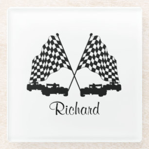 Cars and Checker Flag Race Personal Glass Coaster