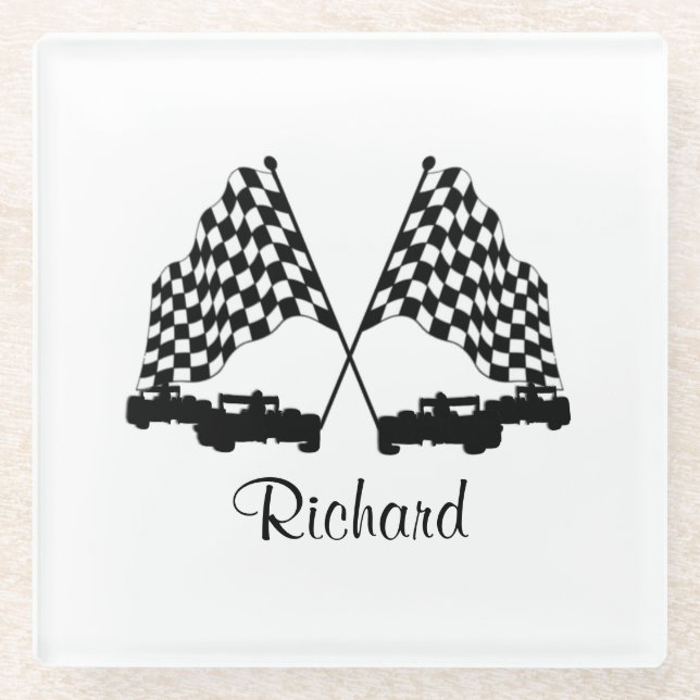 Cars and Checker Flag Race Personal Glass Coaster (Front)
