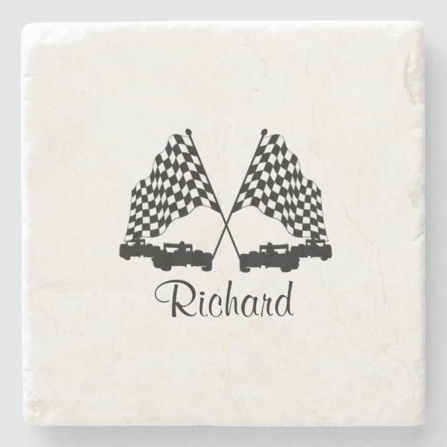 Cars and Checker Flag Race Personal Stone Coaster (Front)