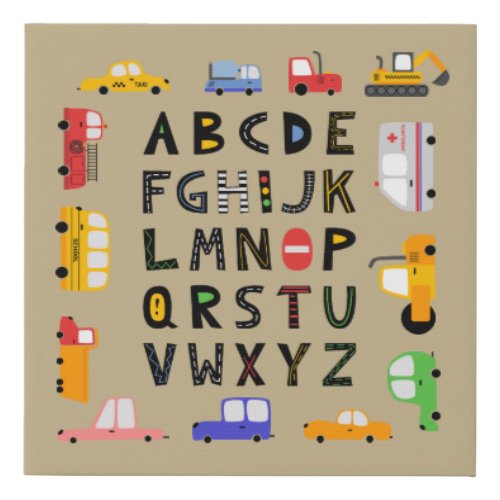 Cars and Trucks Alphabet Nursery Kids Room  Faux Canvas Print