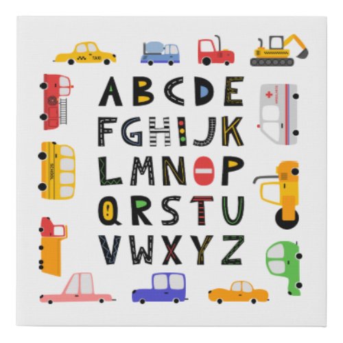 Cars and Trucks Alphabet Nursery Kids Room  Faux Canvas Print