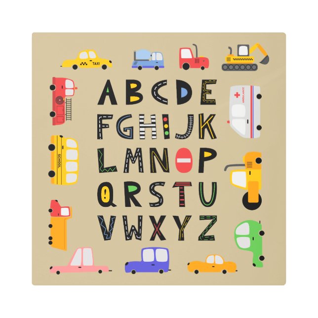Cars and Trucks Alphabet Nursery Kids Room  Metal Print (Front)