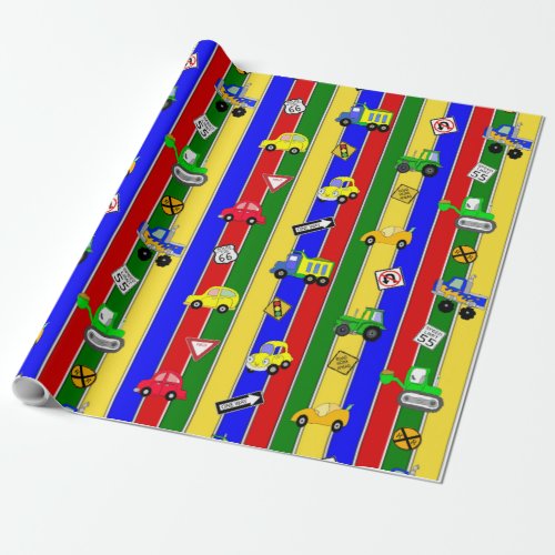 Cars and Trucks Blue Green and Yellow Boys Wrapping Paper