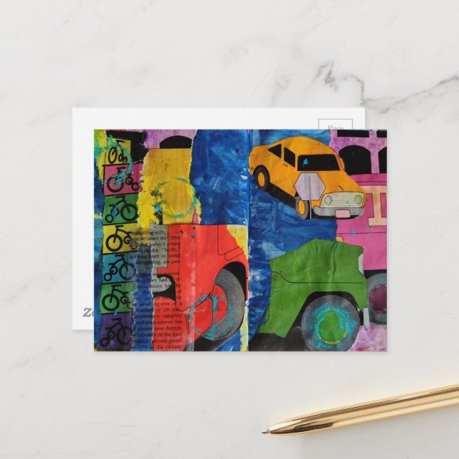 Cars and Trucks mixed media collage  Postcard (Front/Back In Situ)