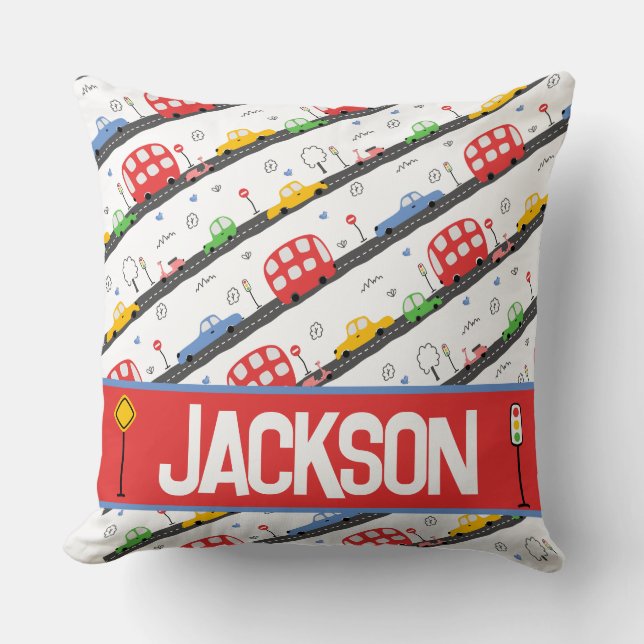 Cars and Trucks Primary Colors Patterned  Throw Pillow (Front)