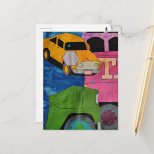Cars and Trucks yellow green pink blue collage Postcard