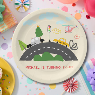 Cars and vehicles on the road boy birthday paper plates