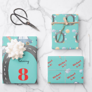 Cars and vehicles on the road boy birthday wrapping paper sheets