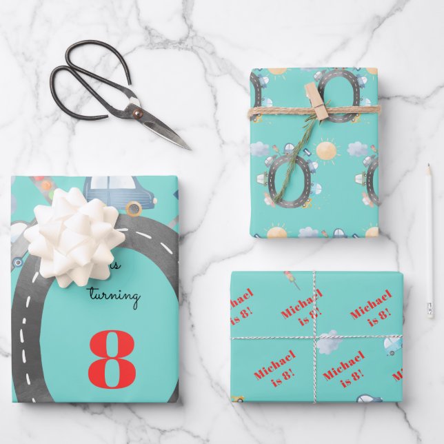 Cars and vehicles on the road boy birthday wrapping paper sheets (Front)
